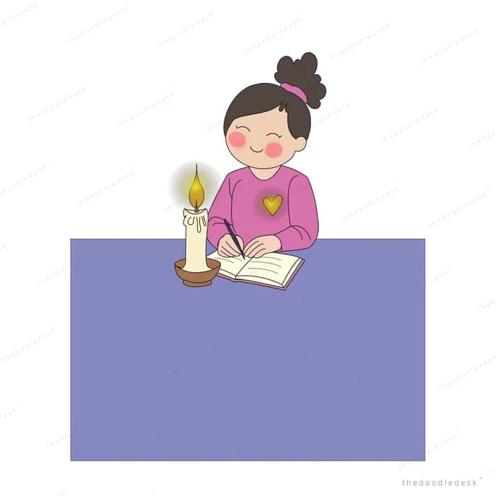Girl writing in a book by candlelight leaning over a purple panel