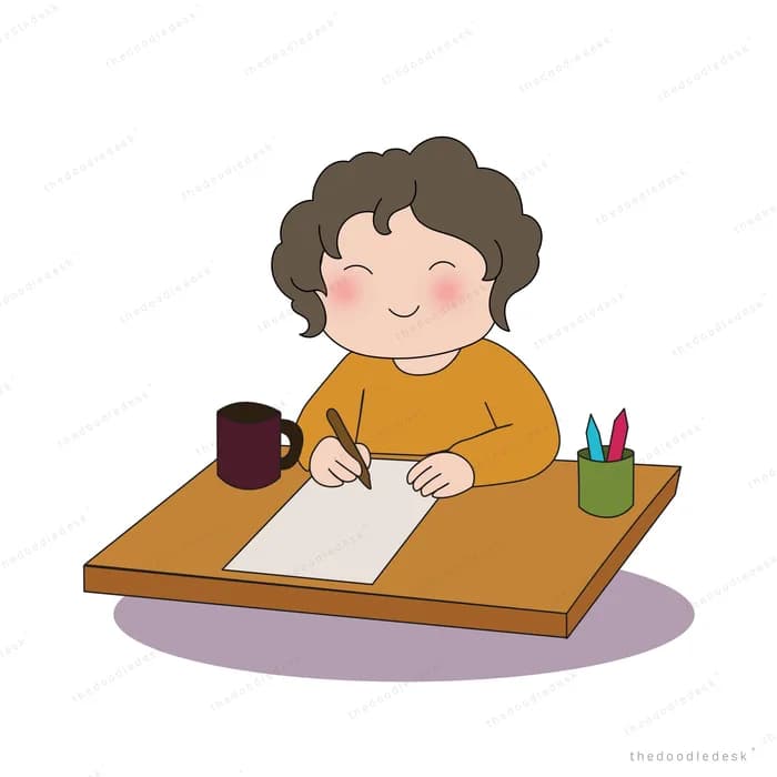 Woman writing at a wooden desk with a mug and a pot of pens