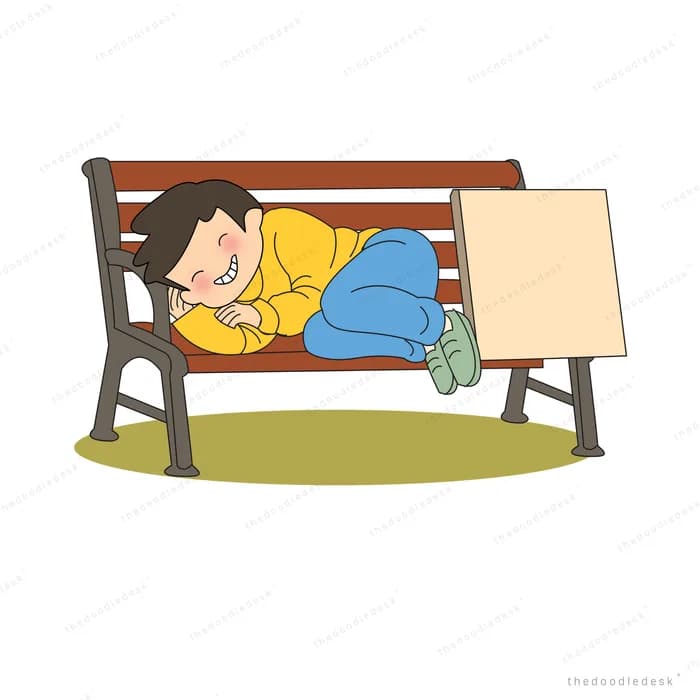 Girl asleep curled on a park bench beside a blank signboard