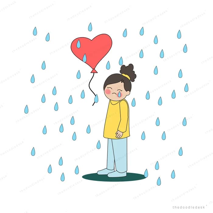 Girl standing in falling rain holding a red heart balloon