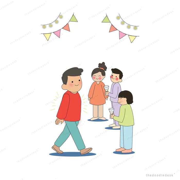 Boy walking away from a small cluster of children under party bunting