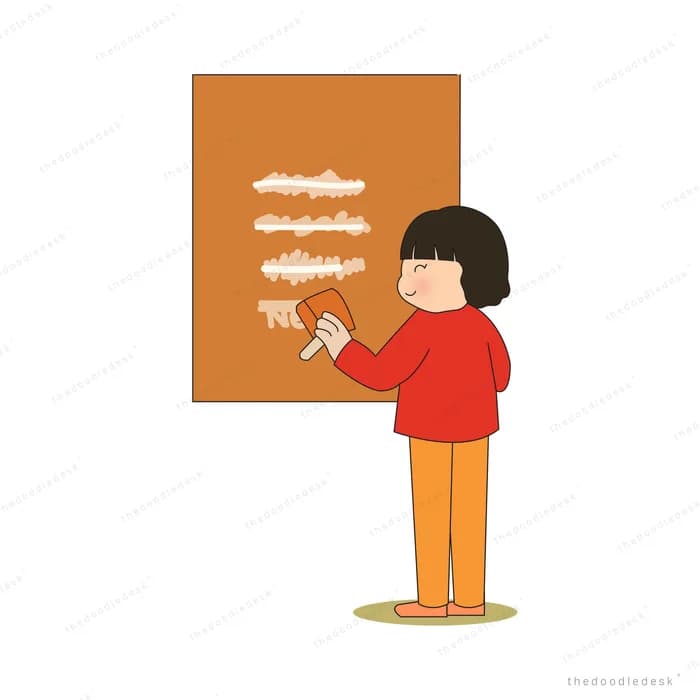 Girl in red writing on a large orange noticeboard