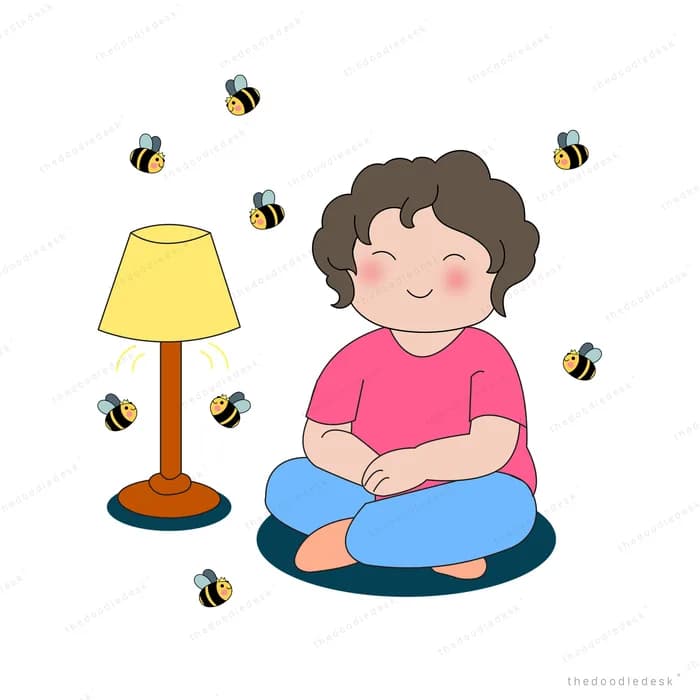 Woman sitting cross-legged beside a table lamp with bees buzzing around her