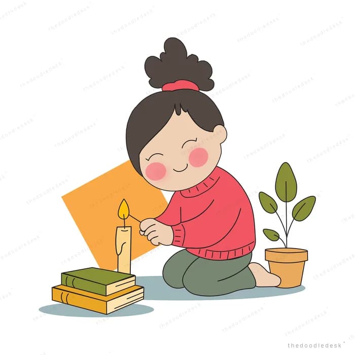 Girl sitting on the floor with a lit candle a stack of books and a potted plant