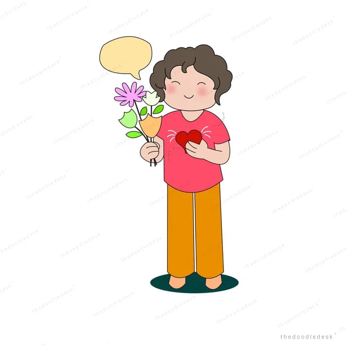 Girl holding a small bouquet of flowers and a red heart to her chest