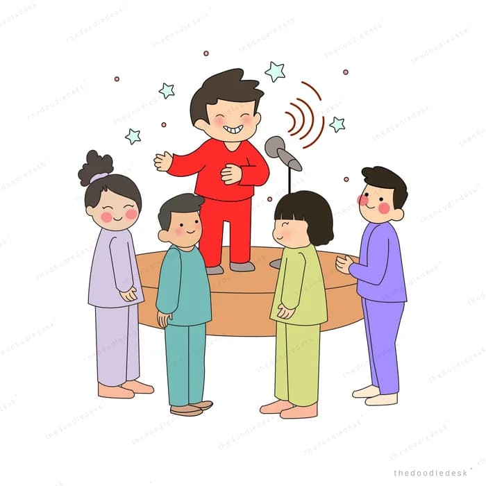 Boy on a stage singing into a microphone as a group of people gathers around