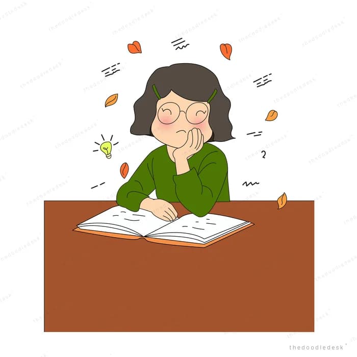 Woman in glasses writing at a brown desk as autumn leaves fall around her