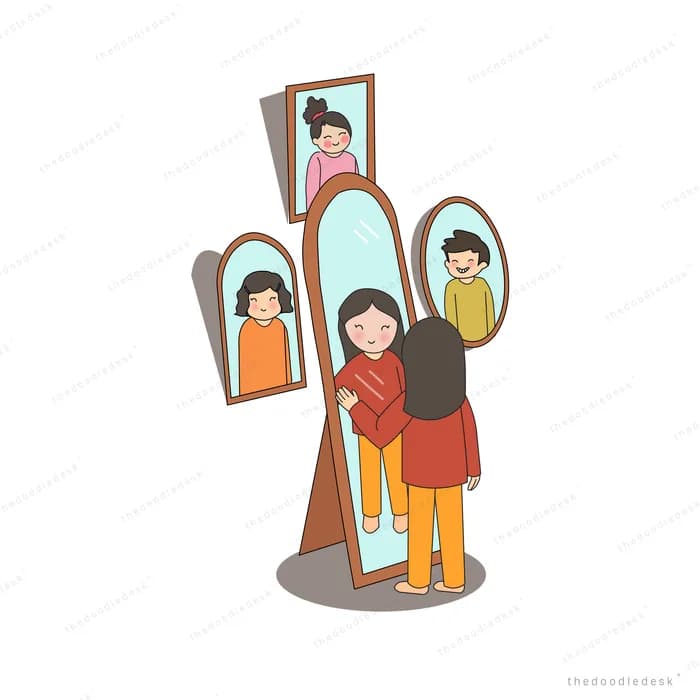 Girl standing before a cluster of mirrors each showing a different version of her