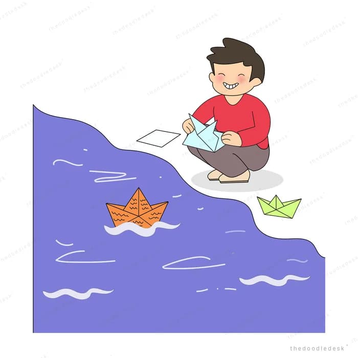 Boy folding paper boats at the edge of a purple river as one floats away