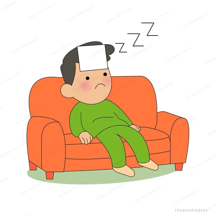 Man asleep on an orange sofa with a cloth on his forehead and zzz above