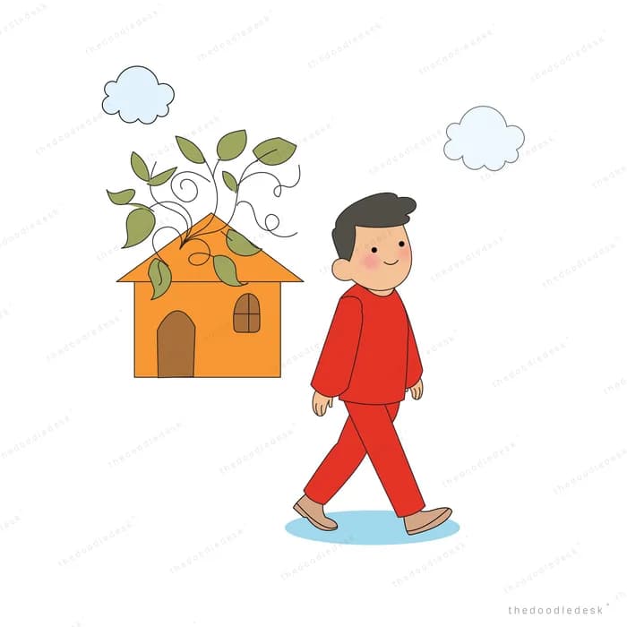 Boy walking away from a small orange house with a plant growing on its roof