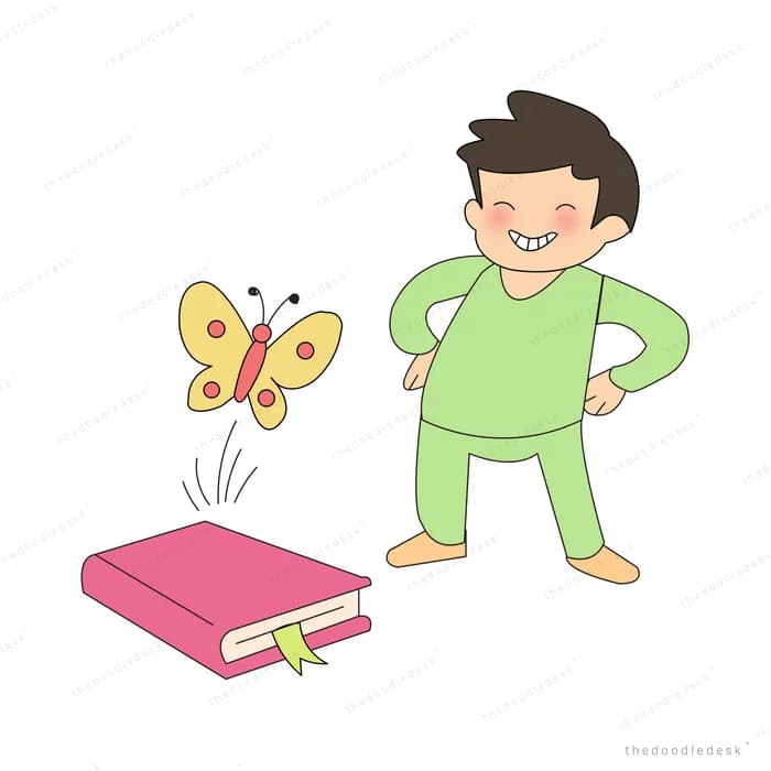 Boy standing with hands on hips beside a pink book with a butterfly rising from it