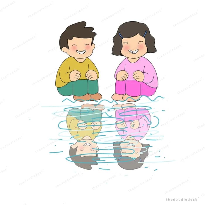 Boy and girl sitting reading books with their reflections rippling in the water below