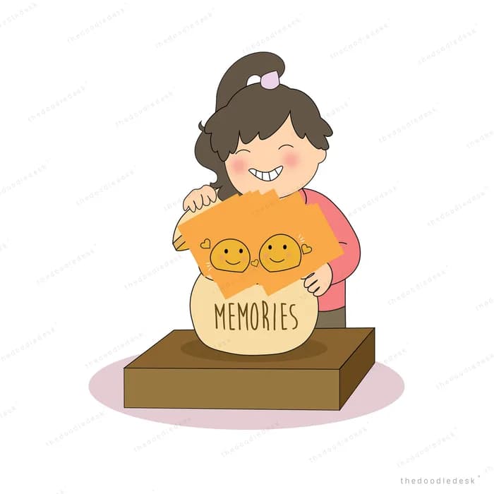 Girl lifting the lid of a jar labelled memories filled with smiling faces