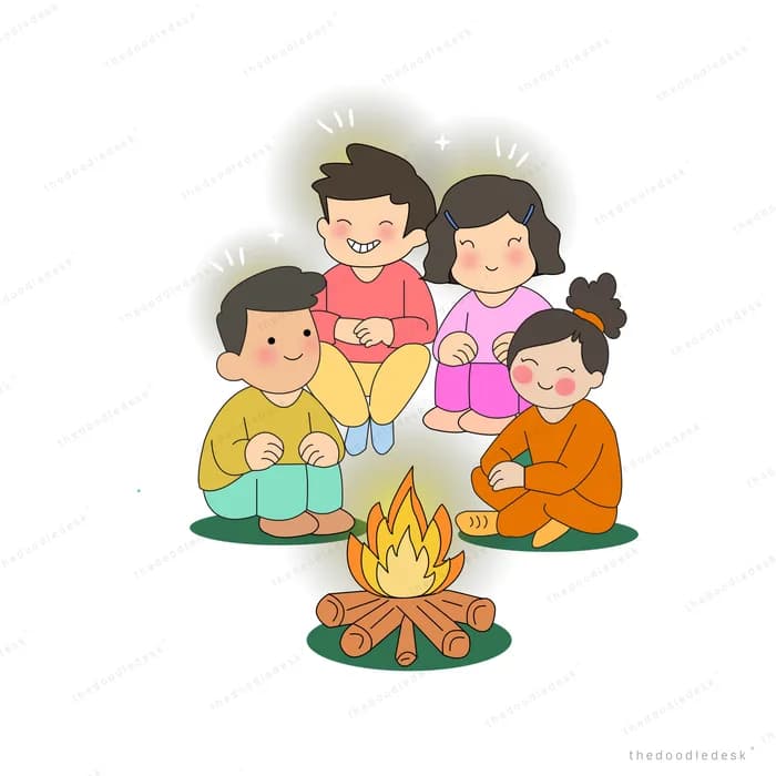Group of children sitting around a campfire in a dark clearing