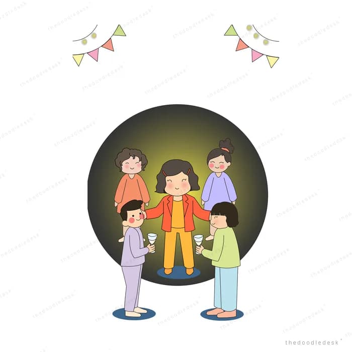 Girl standing in a lit circle handing something to children gathered around her under bunting