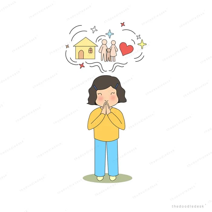 Girl standing with hands clasped and a thought bubble holding a house family and heart