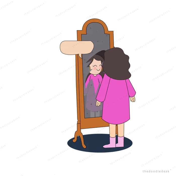 Girl standing in front of a tall wooden standing mirror looking at herself