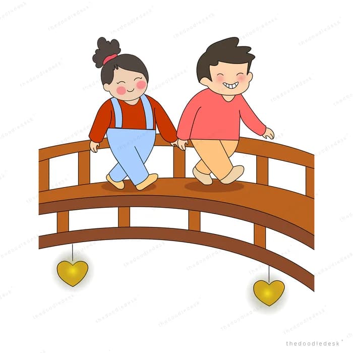 Two children sitting side by side on a wooden arched bridge with glowing lamps