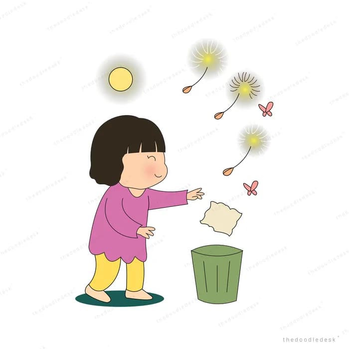 Girl dropping crumpled paper into a green bin as dark fireworks burst above
