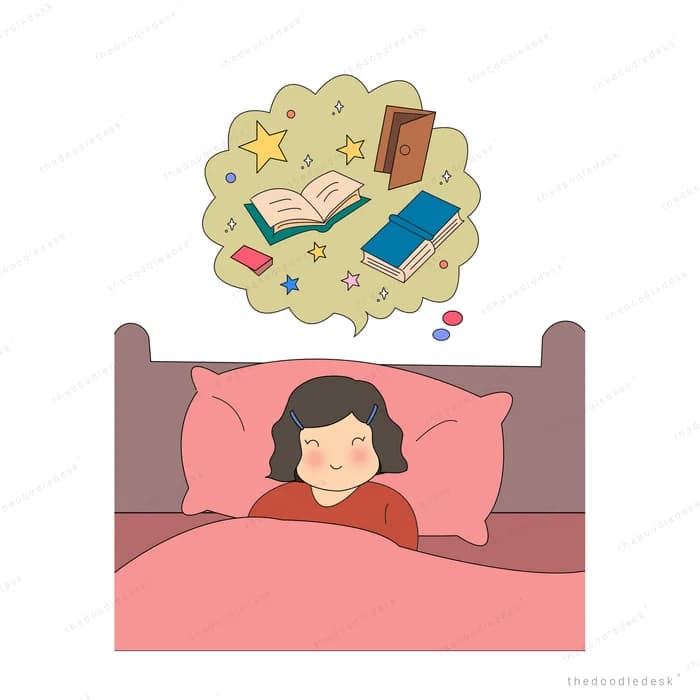 Girl asleep in a pink bed dreaming of books and notebooks in a thought cloud