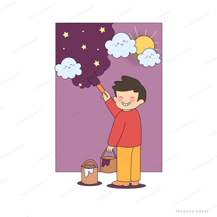 Boy painting stars and clouds on a purple bedroom wall with a paint bucket