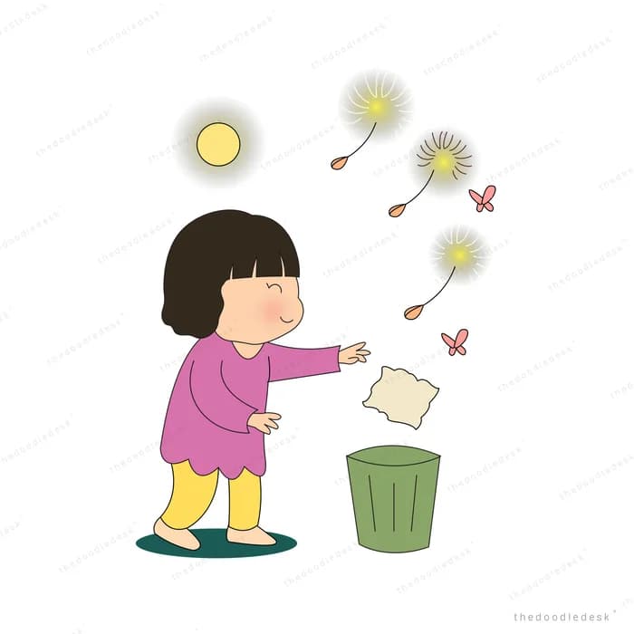 Girl dropping crumpled paper into a green trash bin under glowing bursts