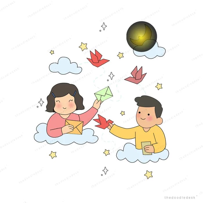 Girl and boy on clouds throwing paper planes and origami birds among stars