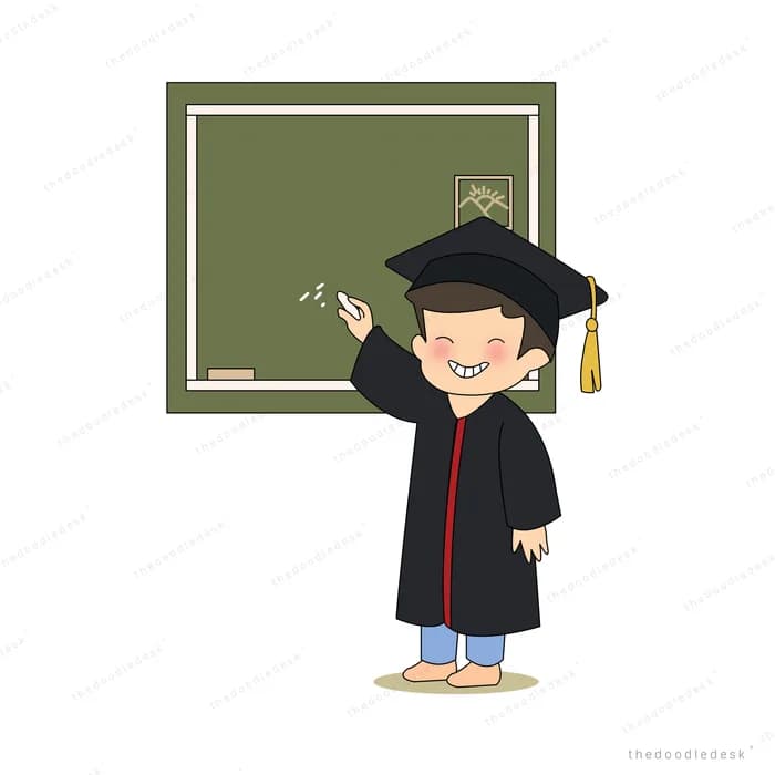 Boy in graduation cap and gown standing beside a green chalkboard