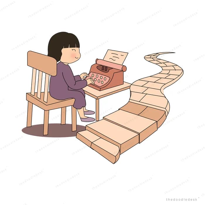 Girl sitting on a wooden chair typing at a typewriter beside wooden steps