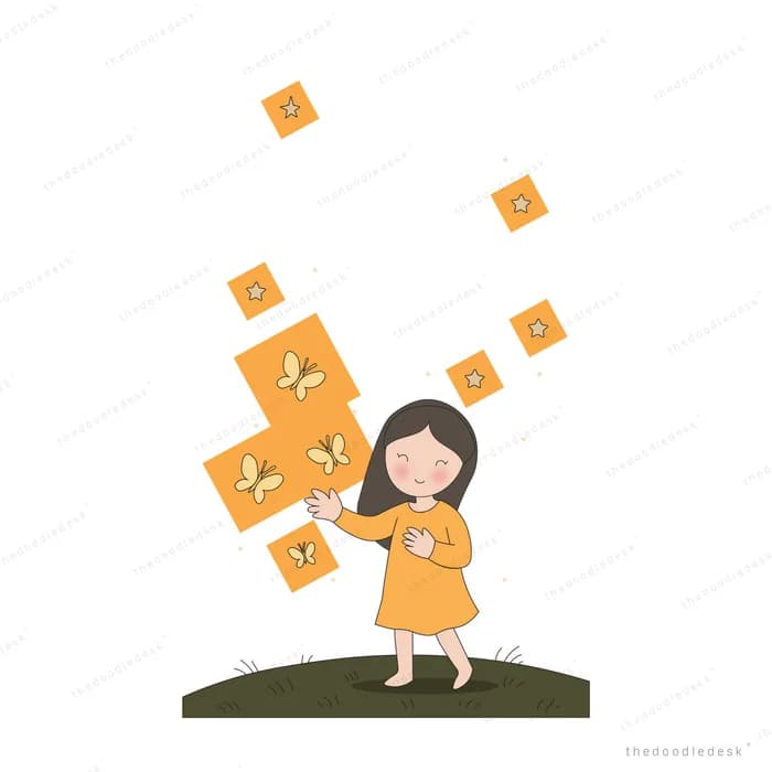 Girl in an orange dress on a grassy mound catching glowing fireflies