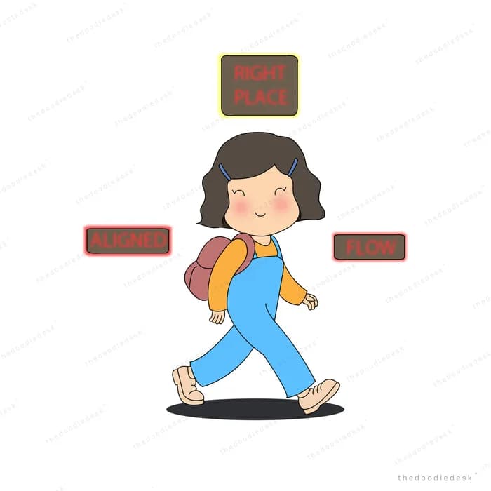 Girl with a backpack walking past hanging signboards