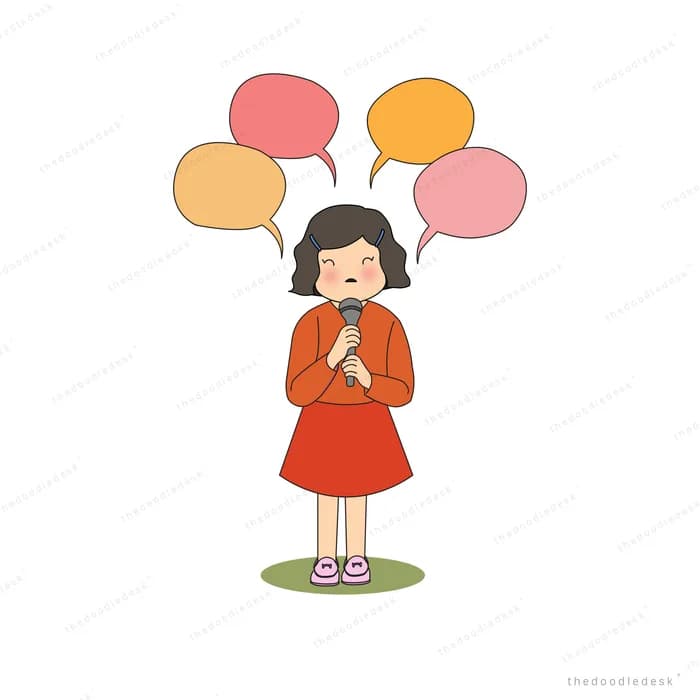 Girl in a red dress clasping her hands under three empty speech bubbles