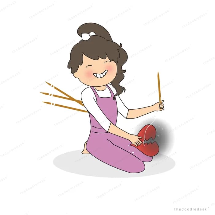 Girl in a pink pinafore kneeling and drumming on a dark drum with sticks
