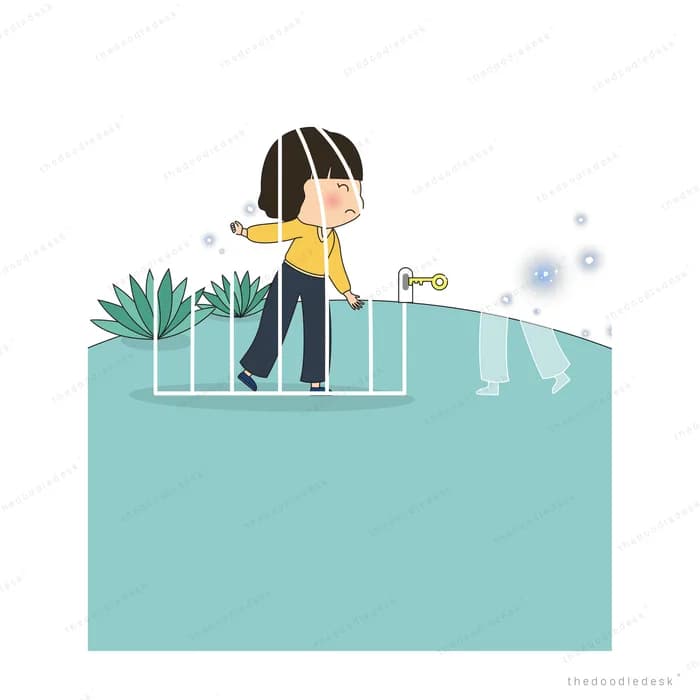 Girl in a yellow top blowing bubbles beside a white picket fence and grass over a blank teal panel