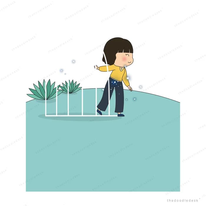 Girl in a yellow top walking through bubbles by a picket fence over a blank teal panel