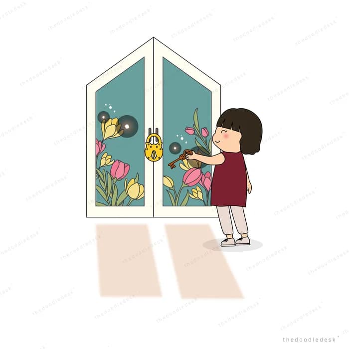 Girl opening a window painted with tulips and butterflies with sunlight on the floor