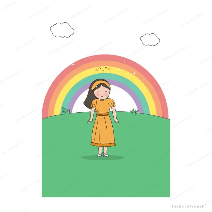 Girl in an orange dress standing on a green field in front of a rainbow above a blank panel