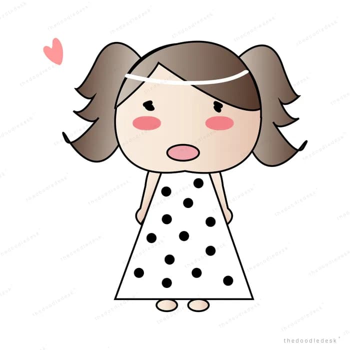 Girl with pigtails in a black polka-dot dress standing with a surprised open mouth