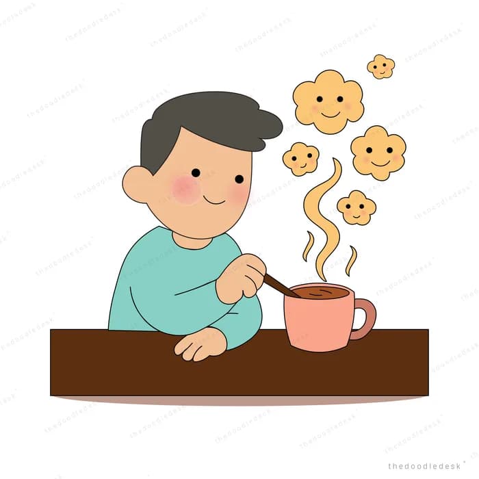 Man at a table stirring a steaming mug with smiling cookie faces floating above