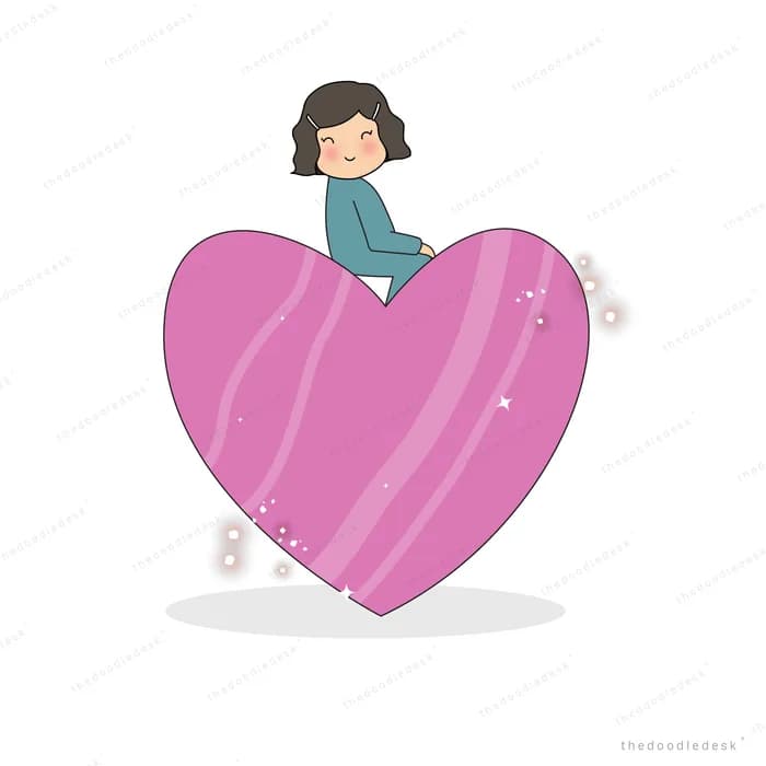 Woman in teal sitting on top of a large pink heart with small spheres around it