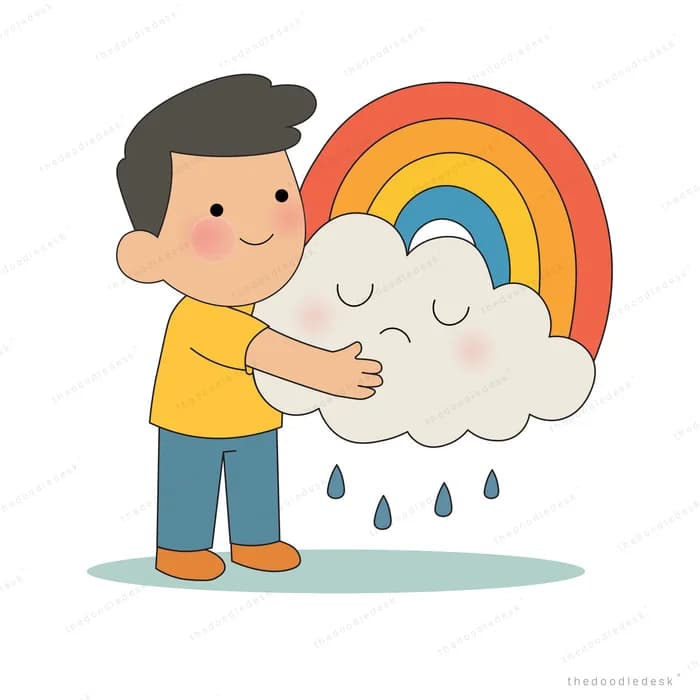 Boy hugging a sleepy rain cloud with a rainbow arcing behind