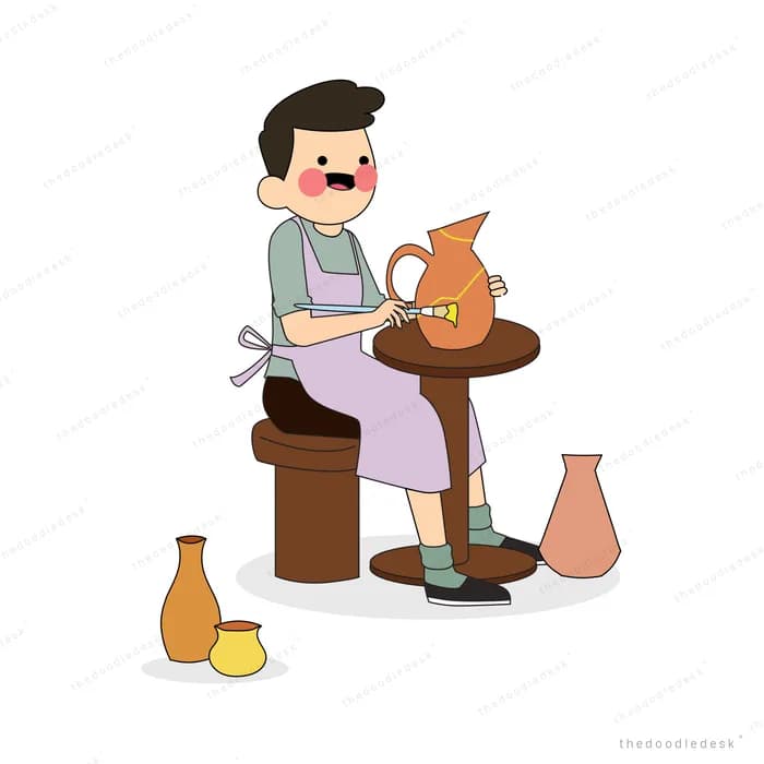 Man in an apron shaping a clay pot at a pottery wheel surrounded by vases