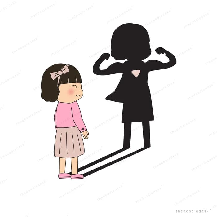 Small girl standing in front of her own tall shadow flexing strong arms