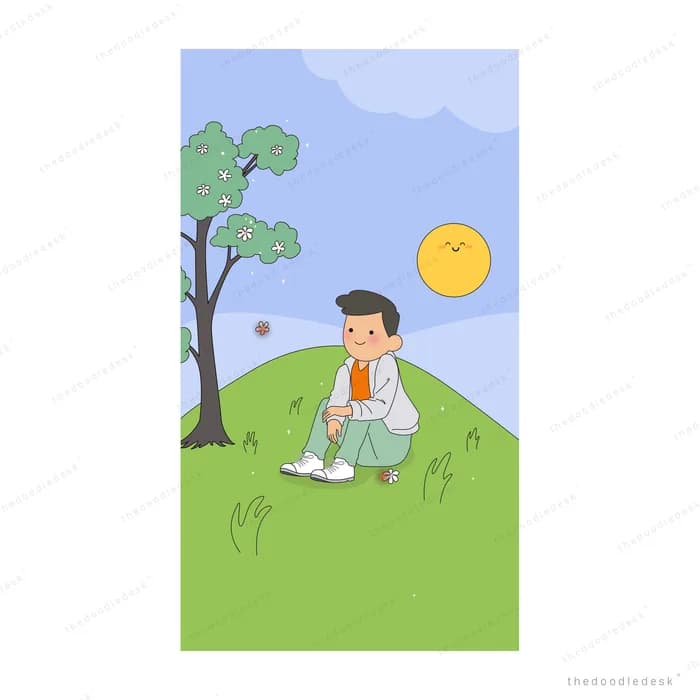 Boy sitting on a green hill under a tree with the summer sun in a blue sky