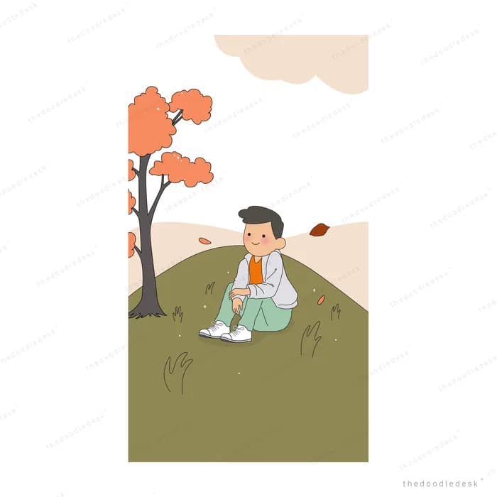 Boy sitting on a brown hill under an orange autumn tree shedding leaves