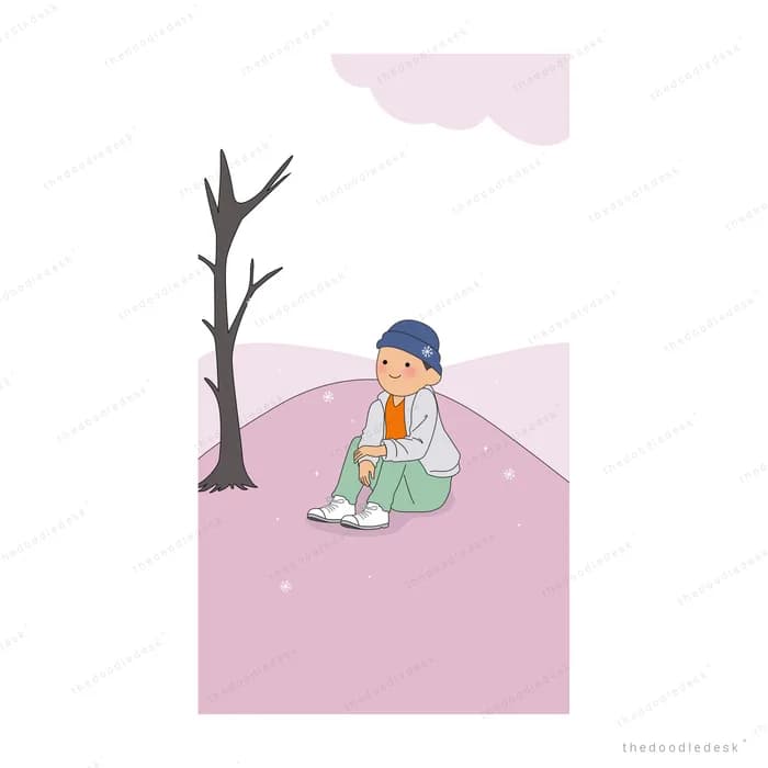 Boy in a beanie sitting on a pink winter hill beside a bare tree