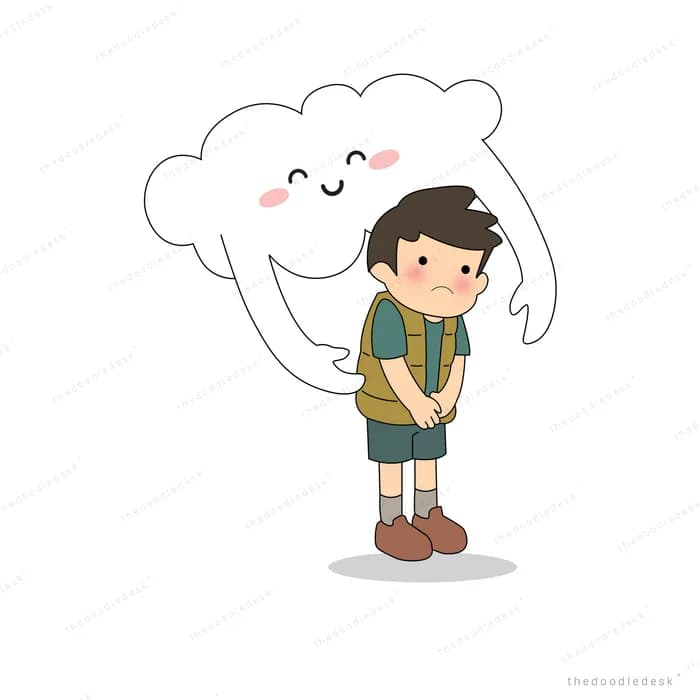 Boy standing in front of a big smiling white cloud