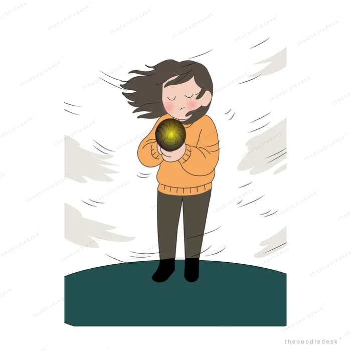 Woman in an orange sweater holding a glowing orb to her chest as wind blows her hair