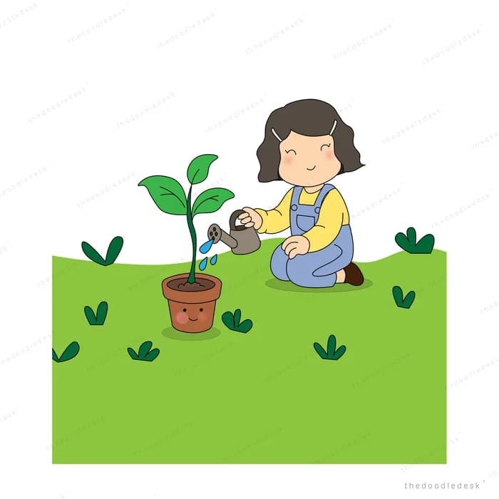 Girl in dungarees watering a potted seedling on a green panel